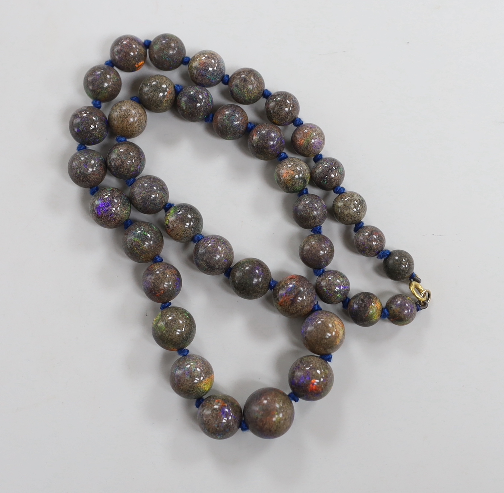 A single strand black opal bead necklace, 58cm.